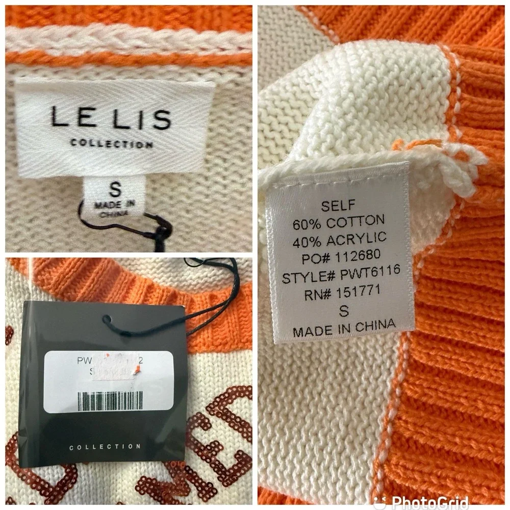 New Le Lis Game Day Sequin Orange White Boxy Sweater Short Sleeve Women's Small